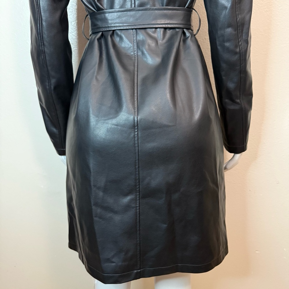 Black faux leather lapel collar belted open front trench coat - Picture 6 of 15